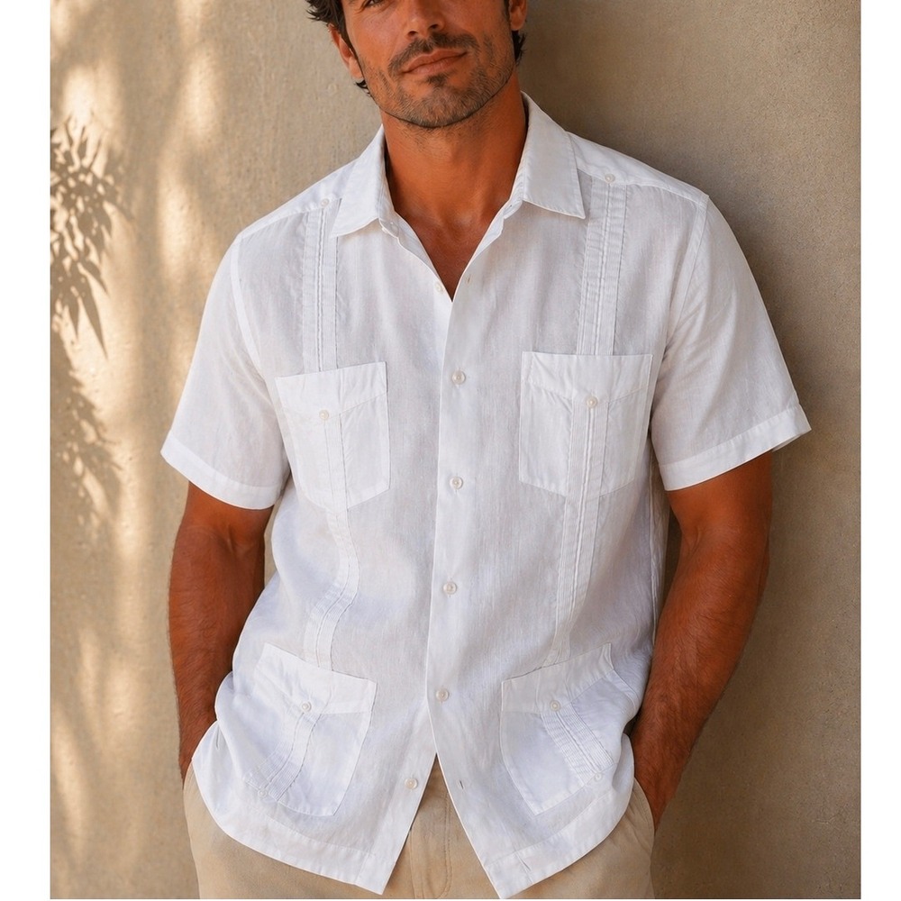 Bohio Mens White 100% Linen Guayabera Shirt Size L Short Sleeve Pleated 4 Pocket